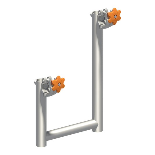Layher Aufstiegsbügel 0,30 m aus Aluminium mit zwei orangefarbenen Flügelschrauben, asymmetrische U-Form mit unterschiedlich langen Schenkeln